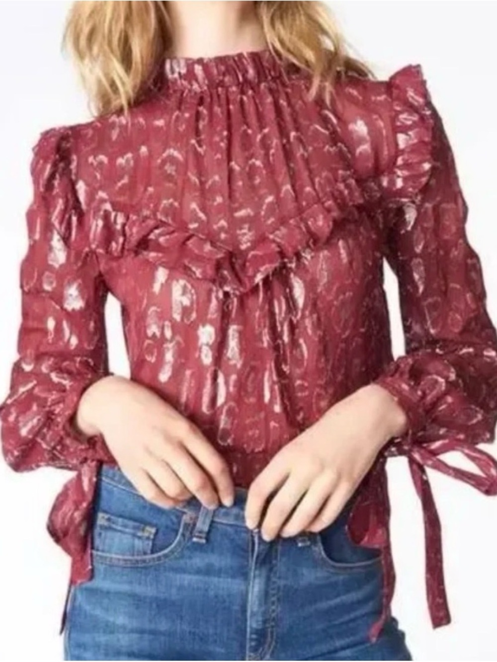 Veronica Beard Maroon Metallic Ruffle Blouse